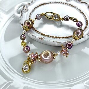 Handmade Freshwater Huge Golden Edison Pearl Crystal Charm Bracelet